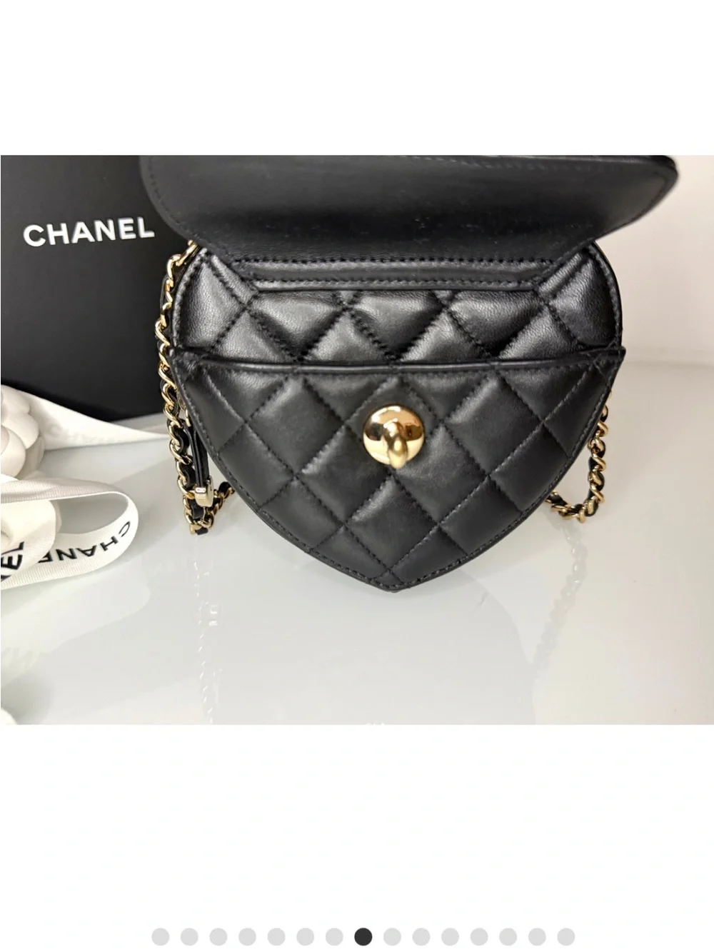 CHANEL Black Quilted Heart-Shaped Crossbody with Gold Hardware